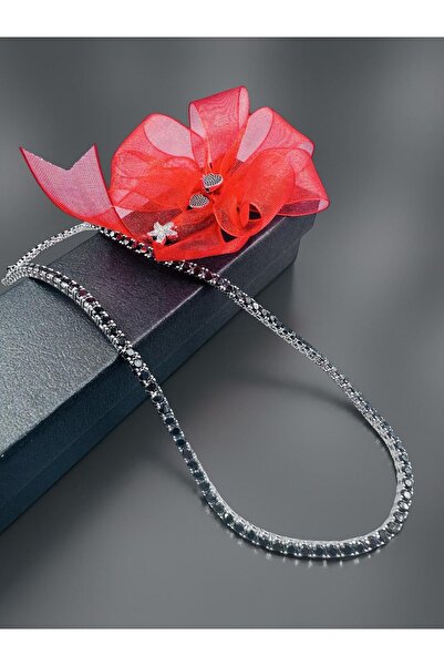 ZEY 925 Ayar Gümüş Takı-Siyah Oval Zirkon Taşlı Klipsli Kadın Hediyelik Kolye