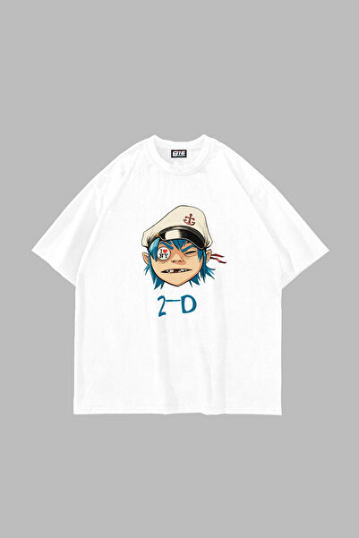 Sekizbiraltı Gorillaz 2-D Printed Oversize Unisex White Tshirt