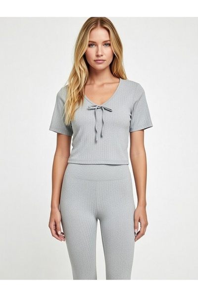 PİJALİNA TOPTAN PERAKENDE VE ONLİNE TEKSTİL Gray Short Sleeve Ribbed Women's ...