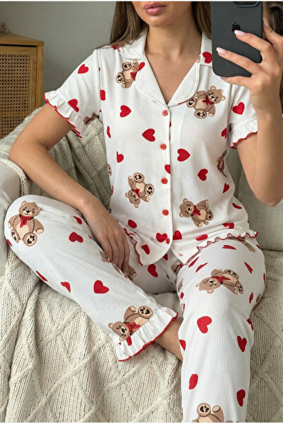 FEMELLE Дамски пижамен комплект с копчета и сърцевиден мотив