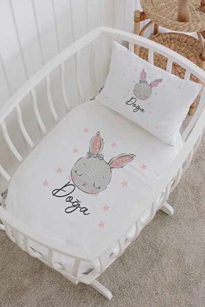 Lilabio İsme Özel %100 Pamuk lastikli Park Yatak Çarşaf Seti (60x120) Gri Tavşan