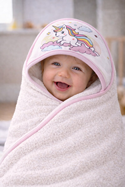 Tomuycuk Unicorn Patterned Hooded Baby Towel 100% Cotton 0-2 Years Old Hooded...