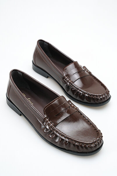 LDR Women's Brown Patent Leather Moccasin Loafer Low Heel Shoes