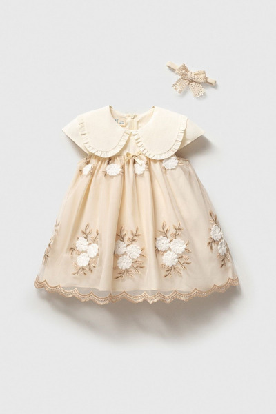 Cantoy Kız Bebek Zarif Dantel İşlemeli Bandanalı Elbise