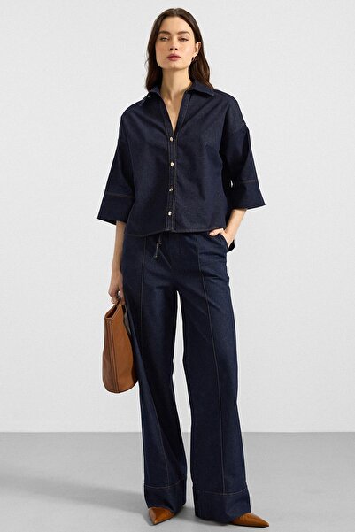 Olcay Truvakar Sleeve Jacket Pants Denim Double Set Dark Blue 9415-Tk