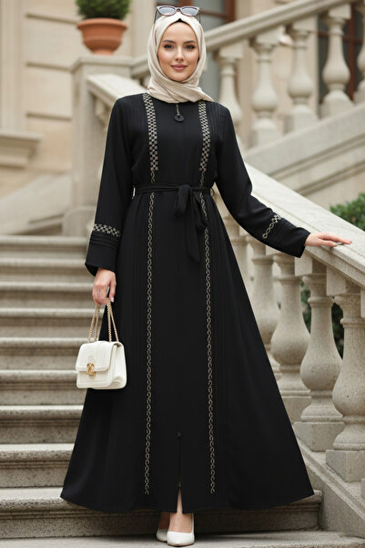 N.S NEVA STYLE Beaded Embroidered Black Hijab Abaya 26101S