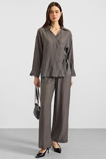 Olcay Button and Lace Closure Kimono Trousers Double Set Anthracite 9414-Tk