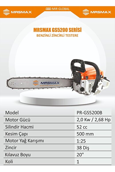 İBELTECH MRS GS5200 SERİSİ 5200Cc 2.5 HP BENZİNLİ ZİNCİRLİ TESTERE