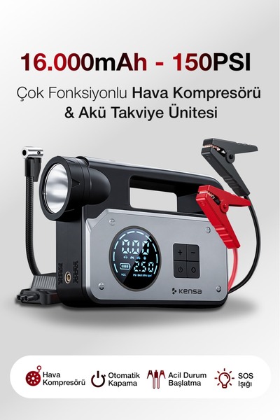 Kensa 3’ü 1 Arada Akü Takviye Cihazı ve Hava Pompası |150 PSI Dijital Kompres...