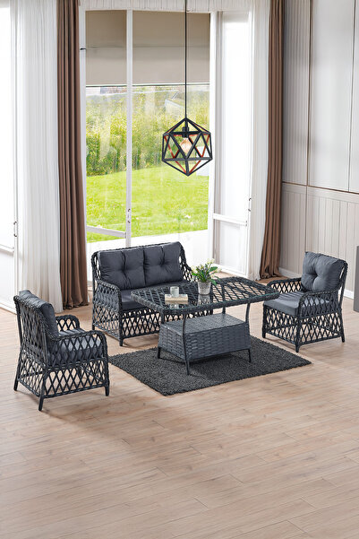 Evdemo Roma Rattan Bahçe Balkon Takımı 2+1+1 Cam Masalı Antrasit