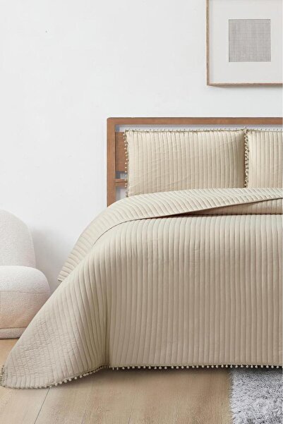 Çeyiz Diyarı غطاء سرير فينيسي مزدوج الحشوة بالألياف مقاس 240x260 سم باللون البيج