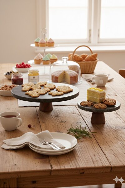 SIRÉ Studio Yuvarlak Mermer Ahşap Ayaklı Sunumluk Seti - SIRÉ Black Stone Col...