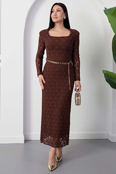 PULLIMM Square Neckline Chain Belted Long Sleeve Lace Dress 2026-4505