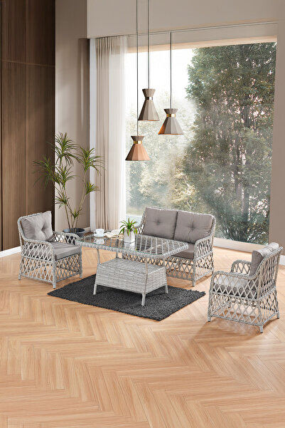 Evdemo Roma Rattan Bahçe Balkon Takımı 2+1+1 Cam Masalı Gri
