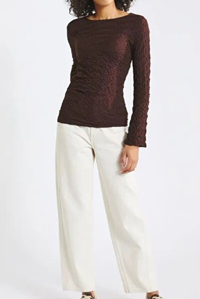 Kübra Tekstil Women's Brown Crew Neck Slim Fit Textured Draped Basic Long Sle...