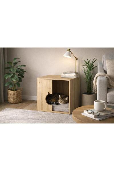 AYC HOUSE Ahşap Kedi Evi ve Yan Sehpa | Minderli Dekoratif Kedi Kulübesi | 50...