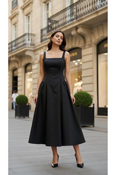 aşkın göksu Siyah Kare Yaka Askılı Yandan Büzgülü Midi Boy Kadın Abiye