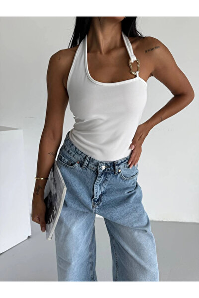 hazelin Women's White Ottoman Fabric Halter Collar Buckle Detail Blouse Hzl26...