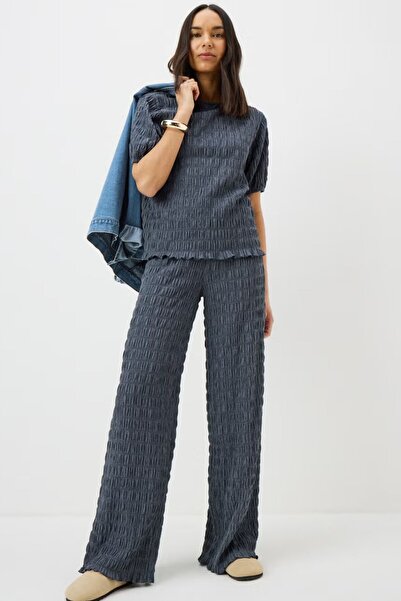 Kübra Tekstil Women's Anthracite Textured Suit Short Sleeve Blouse Wide Leg P...