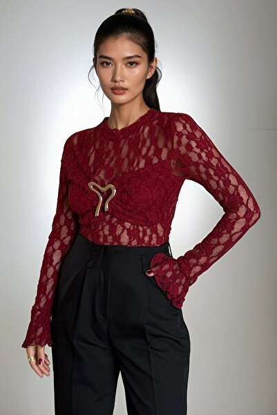 Trend Alaçatı Stili Bluză de damă din dantelă cu detaliu accesoriu, culoare b...