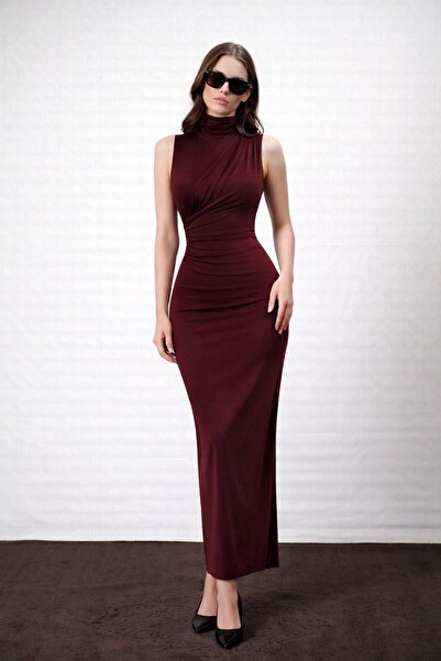 Trend Alaçatı Stili Women's Burgundy High Collar Draped Detailed Slit Sandy D...