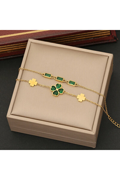 Ilinaa Brățară din oțel inoxidabil placat cu aur de 18K, Trifoi