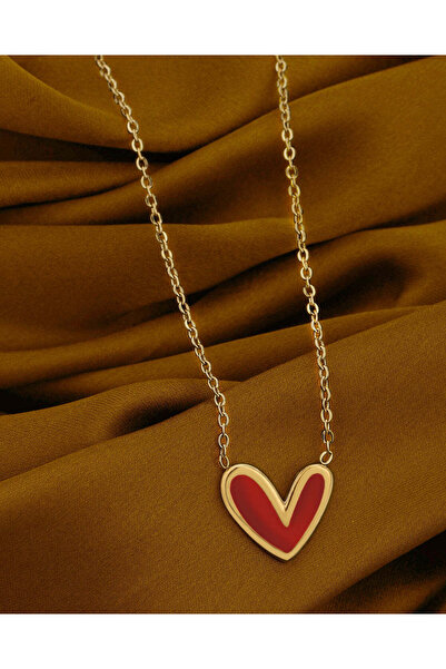 Ilinaa Colier in oțel inoxidabil placat cu aur de 18K, Inimă rosie