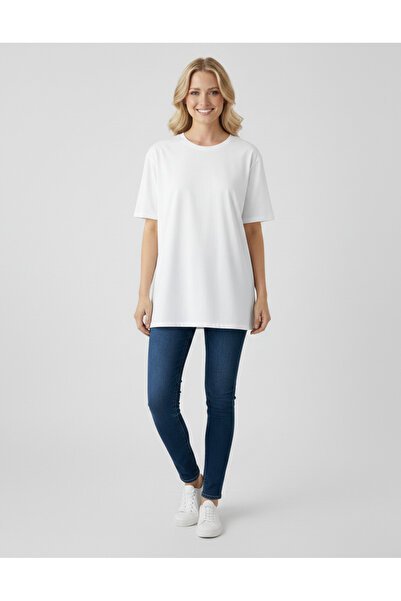 Oversize Düz Beyaz Basic Tişört – Pamuk Penye, Kadın Günlük T-Shirt