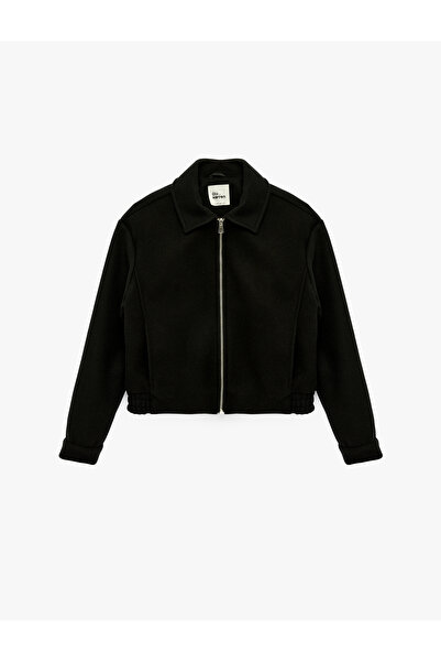 Koton Classic Collar Zippered Crop Jacket with Pocket Detail