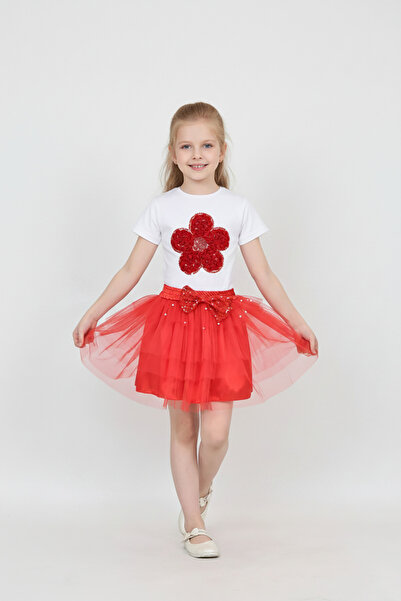FATELLA Girl's Red Daisy T-Shirt Red Waist Bead Detailed Skirt Set April 23 S...
