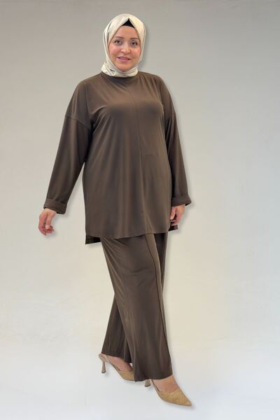 Eslina 67001 Large Size Double Model Sandy Pants Suit with Cufflinks - Brown