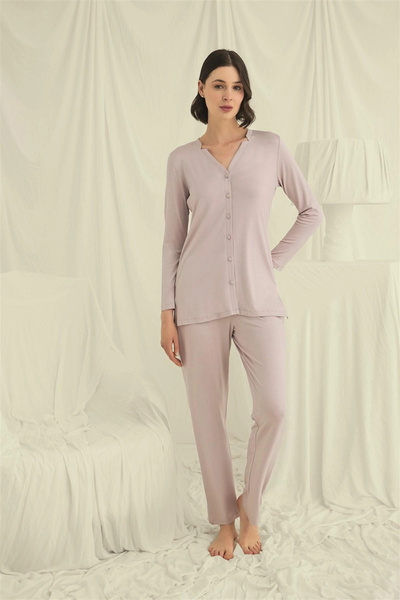 ALFA AKSESUAR 03 Σετ πιτζάμες με μακριά μανίκια και κουμπιά, με λαιμόκοψη V