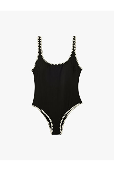 Koton U-Neck Thick Strap Swimsuit with Crochet Detail