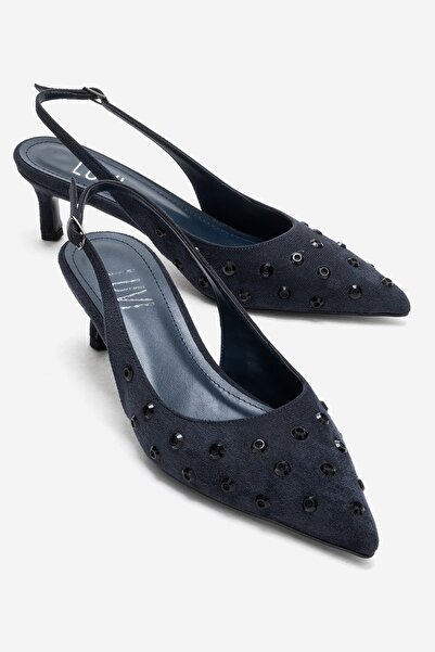 LuviShoes Lorex Navy Blue Suede Stone Women's Heeled Shoes