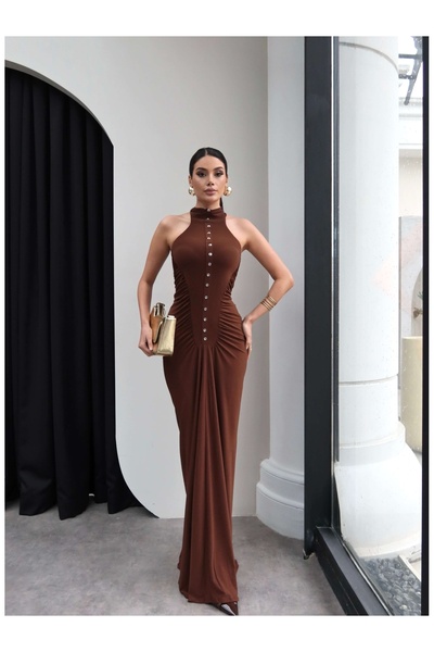 ESRAHELVACI Long Dress with Side Gathered Button Detail