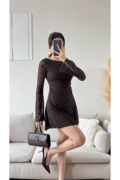 Zoom Butik Elegance Dantel Elbise - KAHVE