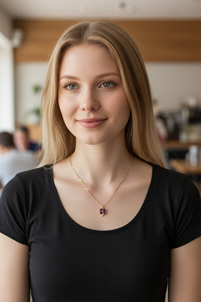 Emkaccessories Mor Yonca Paslanmaz çelik kolye