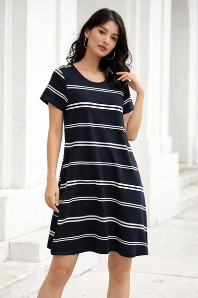 Rich Rochie de damă cu lungime midi, cu două buzunare, cu dungi și decolteu t...