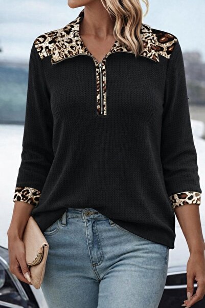 Amara Boutique Women's Long Sleeve Leopard Collar Zippered Waffle Blouse