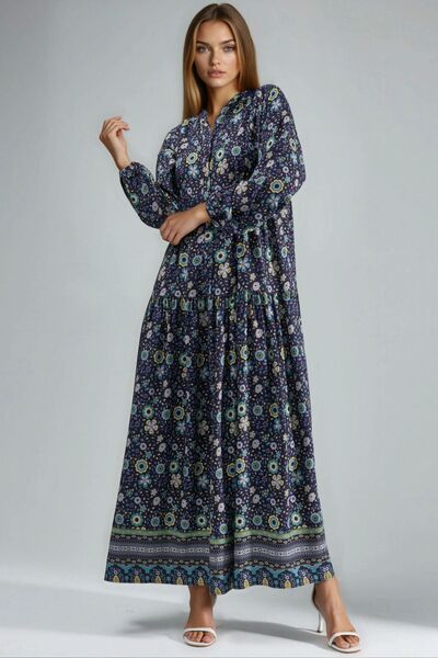 Hiccup Button Printed V Neck Modest Dress