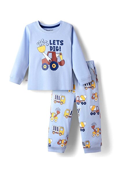 Bonfino Pyjama Set with Construction Vehicle Print - Light Blue