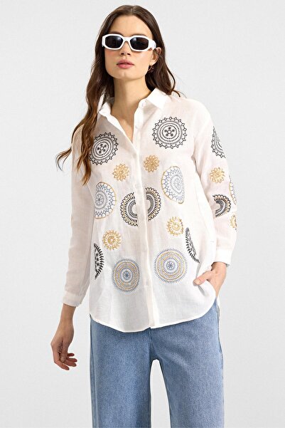 Olcay Casual Shirt with Sequins and Embroidery Detail White 9411