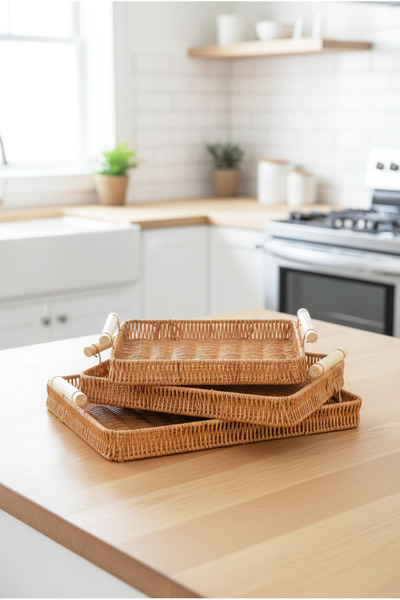 FH finehome Mera Rattan 3-Piece Rectangular Tray