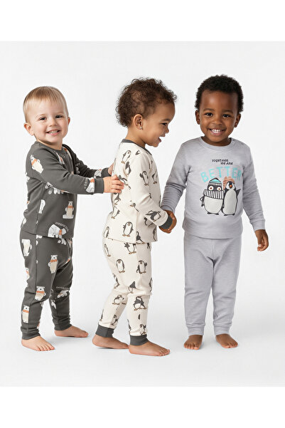 Bonfino طقم بيجاما قطني 100% بأكمام طويلة مزينة برسومات حيوانات، عبوة من 3 قط...