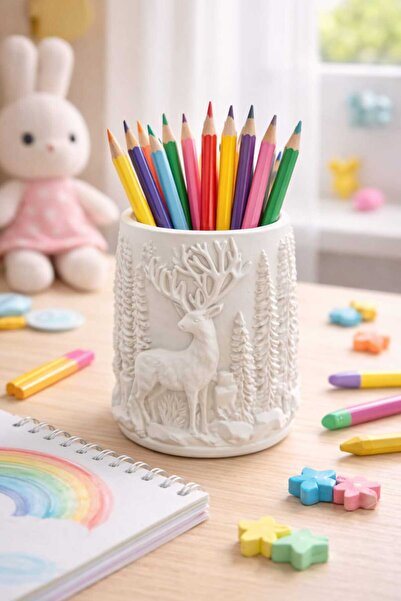 LİZA HOME DECORATION Geyik ve Ağaç Kabartmalı Dekoratif Kalemlik&Fırçalık, Ma...