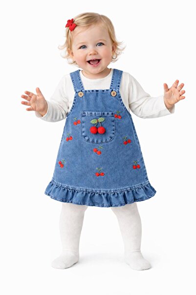 TUOBEBE Baby Girl Denim Salopet Dress with Cherry Detail, Blouse Set