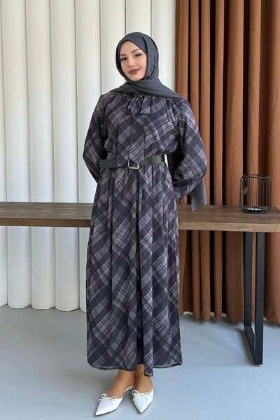 Modaensarbutik Beli Lastikli & Kemer Detaylı Şifon Tesettür Elbise-SİYAH