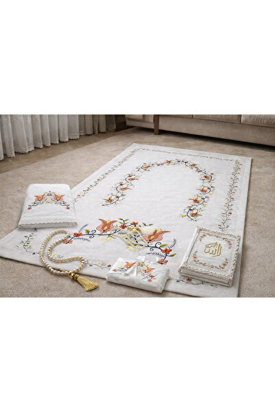 MATA ÇEYİZ Mercan 5 Parça Kaneviçe Lale Desen İşlemeli Seccade Takımı