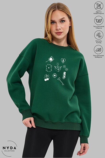 Nyda Collections Women's Sticker Love Printed Crew Neck Hoodless Oversized 10...