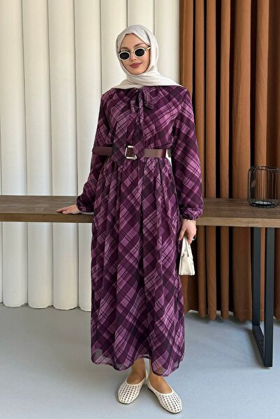 Modaensarbutik Beli Lastikli & Kemer Detaylı Şifon Tesettür Elbise-MÜRDÜM